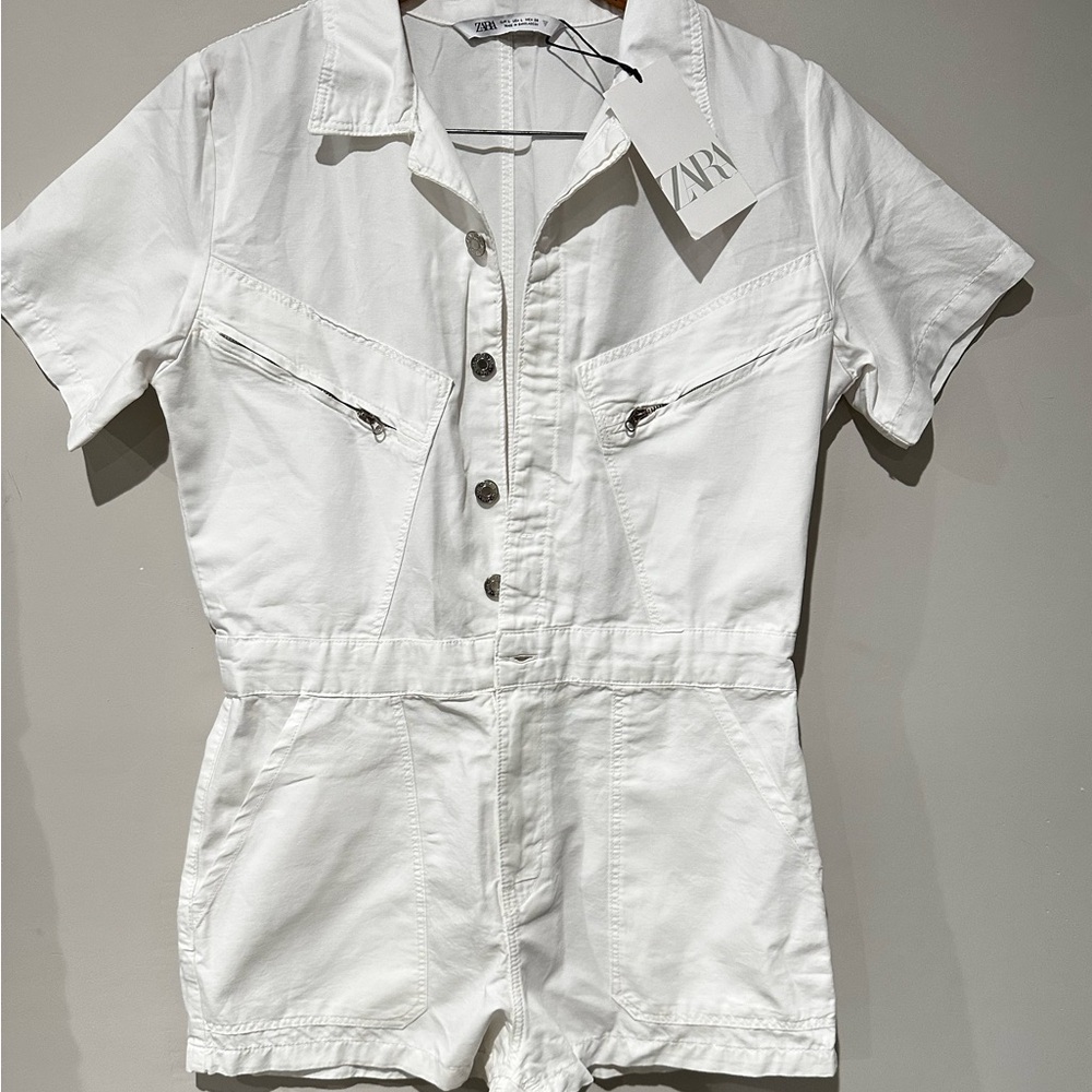 ZARA Women White Utility Romper Short Sleeve Zip Pocket Button Front Size L NWT - Picture 4 of 5